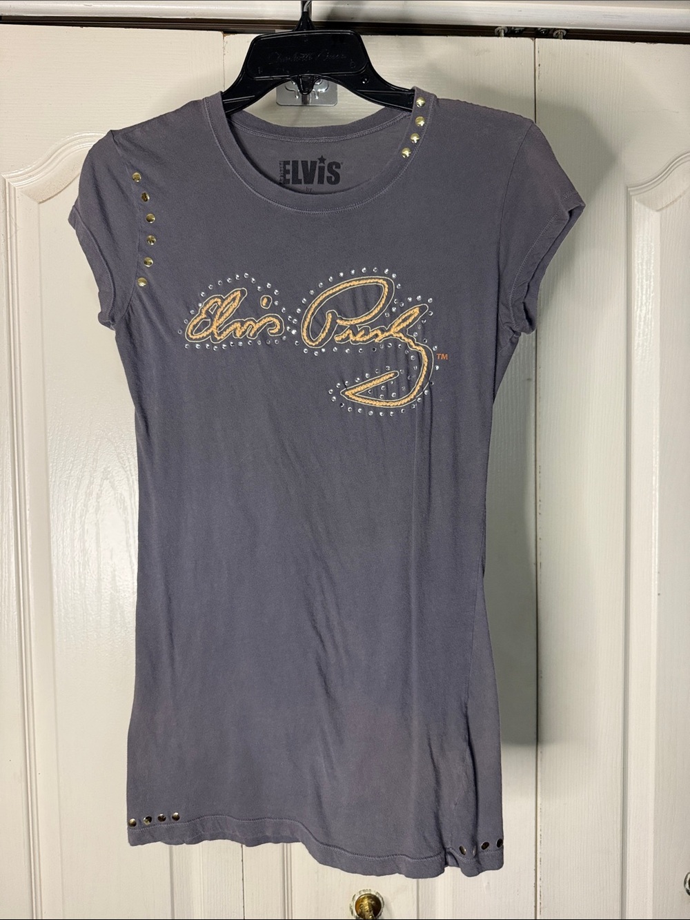 Very unique ELVIS Gray Short Sleeve Tee with Gold Script and Stud Detail